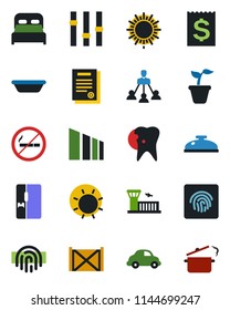 Color and black flat icon set - no smoking vector, sun, airport building, seedling, caries, car delivery, receipt, container, sorting, settings, fingerprint id, hierarchy, contract, bedroom, fridge