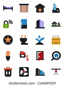 Color and black flat icon set - bed vector, office building, radio phone, house with tree, estate search, heater, smart home, control, power plug, fan, wireless lock, irrigation, energy saving bulb