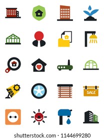 Color and black flat icon set - greenhouse vector, water supply, estate document, sale, office building, search, agent, sweet home, city house, insurance, socket, fan, irrigation, router, jalousie