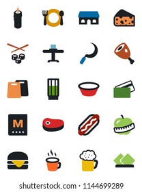 Color and black flat icon set - sickle vector, diet, coffee, restaurant table, cafe, menu, drink, beer, building, candle, credit card, steak, ham, hamburger, hot dog, bowl, cutting board, sushi