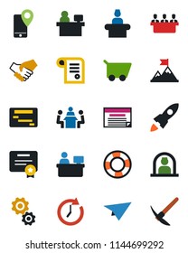 Color and black flat icon set - reception vector, manager place, mobile tracking, meeting, gear, motivation, rocket, handshake, clock, cart, paper plane, schedule, crisis management, certificate