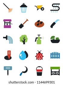 Color and black flat icon set - shovel vector, rake, tree, wheelbarrow, bucket, watering, lady bug, water drop, well, sickle, garden knife, plant label, light, seeds, sprayer, drip irrigation, fence