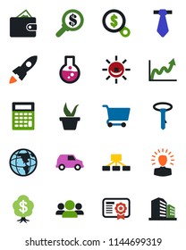 Color and black flat icon set - seedling vector, alarm led, group, shining head, rocket, wallet, earth, growth graph, money search, cart, flask, calculator, car, hierarchy, certificate, tie, tree