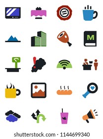 Color and black flat icon set - passport control vector, clouds, stamp, heart diagnostic, route, heavy scales, tv, gallery, office building, mountains, wireless, restaurant table, menu, phyto bar