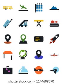 Color and black flat icon set - suitcase vector, arrival, baggage conveyor, airport bus, ticket, reception bell, globe, ladder car, plane, seat map, picnic table, pin, place tag, mountains, rocket