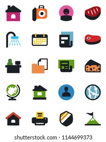 Color and black flat icon set - globe vector, shower, manager place, house, patient, term, folder document, shield, camera, network, user, news, printer, steak, cheese, motivation