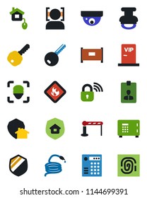 Color and black flat icon set - fence vector, barrier, safe, identity card, hose, shield, flammable, face id, stamp, key, estate insurance, vip zone, home control, wireless lock, protect