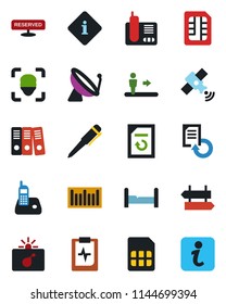 Color and black flat icon set - satellite antenna vector, escalator, signpost, bomb in case, pen, document reload, pulse clipboard, barcode, radio phone, sim, face id, paper binder, bedroom