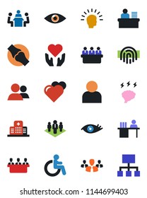 Color and black flat icon set - disabled vector, brainstorm, meeting, heart, hand, eye, joint, hospital, group, user, fingerprint id, manager desk, company, shining head, hierarchy