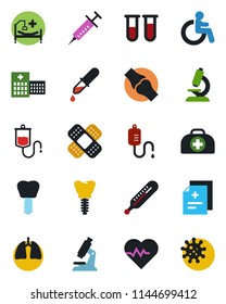 Color and black flat icon set - disabled vector, heart pulse, doctor case, diagnosis, syringe, blood test vial, dropper, thermometer, microscope, patch, hospital bed, lungs, implant, joint, virus