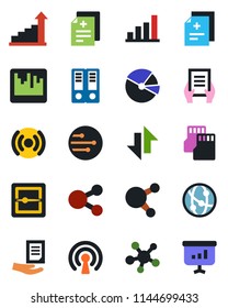 Color and black flat icon set - growth statistic vector, office binder, document, diagnosis, network, share, scanner, sd, data exchange, bar graph, pie, wireless, social media, presentation