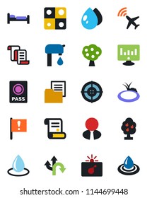 Color and black flat icon set - plane radar vector, bomb in case, passport, bed, contract, statistic monitor, water drop, pond, route, important flag, folder document, application, target, supply