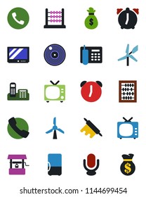 Color and black flat icon set - phone vector, tv, abacus, well, vinyl, microphone, call, alarm, office, rolling pin, fridge, windmill, money bag