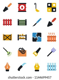 Color and black flat icon set - trowel vector, farm fork, rake, saw, garden knife, scalpel, container, oil barrel, rack, application, paper clip, ink pen, heater, ladle, radiator