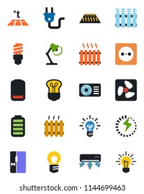 Color and black flat icon set - bulb vector, battery, low, charge, desk lamp, heater, air conditioner, fridge, socket, power plug, fan, radiator, warm floor, energy saving, idea