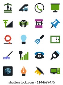 Color and black flat icon set - ladder car vector, drawing pin, bulb, garden fork, rake, well, hdmi, brightness, fingerprint id, cellular signal, presentation board, ink pen, plan, phone, rolling