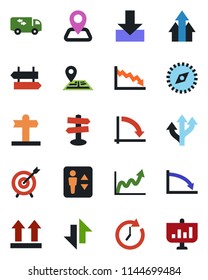 Color and black flat icon set - elevator vector, signpost, crisis graph, route, navigation, up side sign, data exchange, download, compass, moving, target, arrow, clock, growth, presentation