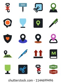 Color and black flat icon set - stamp vector, plant label, heart shield, navigation, pin, fragile, up side sign, no hook, cut, place tag, pen, menu, open close