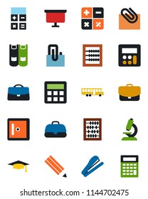 Color and black flat icon set - airport bus vector, checkroom, book, calculator, graduate, abacus, presentation board, microscope, case, paper clip, pencil, stapler