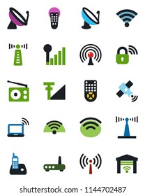 Color and black flat icon set - antenna vector, satellite, wireless notebook, radio, remote control, phone, cellular signal, lock, router, garage gate