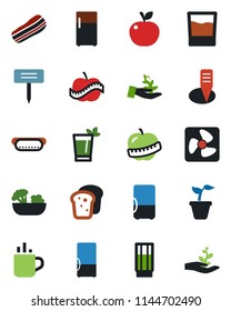 Color and black flat icon set - hot cup vector, seedling, plant label, diet, fridge, drink, phyto bar, salad, bacon, bread, dog, apple fruit, fan, palm sproute