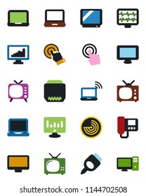 Color and black flat icon set - wireless notebook vector, radar, pc, statistic monitor, pulse, tv, touch screen, laptop, hdmi, statistics, intercome