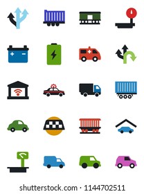 Color and black flat icon set - taxi vector, alarm car, ambulance, route, railroad, truck trailer, delivery, heavy scales, garage, gate control, battery