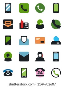 Color and black flat icon set - phone vector, mobile, 24 hours, support, cell, radio, mail, call