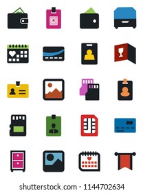 Color and black flat icon set - credit card vector, identity, medical calendar, gallery, sd, sim, archive box, wine, pass, wallet, pennon