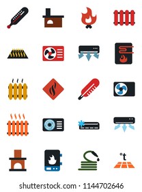 Color and black flat icon set - fire vector, hose, fireplace, thermometer, heater, air conditioner, water, smoke detector, radiator, warm floor