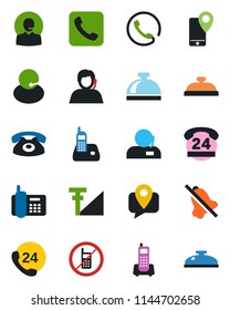 Color and black flat icon set - no mobile vector, reception bell, office phone, 24 hours, support, tracking, radio, call, mute, cellular signal