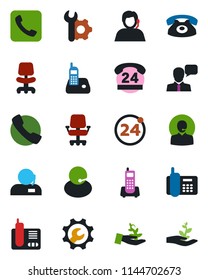 Color and black flat icon set - 24 around vector, office chair, phone, hours, support, speaker, radio, call, root setup, palm sproute