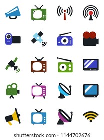 Color and black flat icon set - antenna vector, satellite, radio, loudspeaker, tv, video camera, wireless