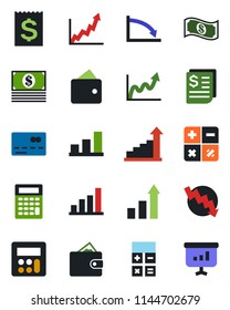Color and black flat icon set - credit card vector, growth statistic, calculator, crisis graph, receipt, bar, wallet, cash, presentation