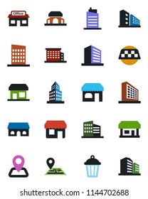 Color and black flat icon set - taxi vector, shop, office building, garden light, navigation, store, city house, cafe, storefront
