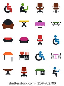 Color and black flat icon set - cafe vector, waiting area, disabled, office chair, desk, picnic table, cushioned furniture, restaurant, man with notebook