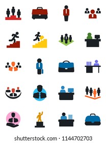 Color and black flat icon set - manager vector, pedestal, team, place, client, case, company, desk, career ladder, group