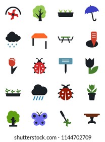 Color and black flat icon set - umbrella vector, flower in pot, ripper, tree, butterfly, lady bug, seedling, rain, plant label, picnic table, tulip