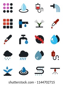 Color and black flat icon set - crisis graph vector, watering, water drop, rain, drip irrigation, dropper, menu, supply, sprinkler