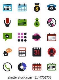 Color and black flat icon set - right arrow vector, calendar, circle chart, microphone, menu, calculator, phone, home message, money bag