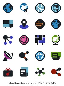 Color and black flat icon set - satellite antenna vector, bomb in case, globe, plane, earth, pin, consolidated cargo, network, share, news, social media