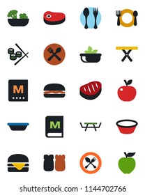 Color and black flat icon set - spoon and fork vector, picnic table, cafe, menu, salad, salt pepper, steak, hamburger, bowl, sushi, apple fruit