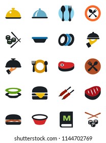 Color and black flat icon set - spoon and fork vector, dish, cafe, menu, plates, waiter, steak, kebab, hamburger, bowl, sushi