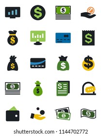 Color and black flat icon set - credit card vector, ticket office, dollar sign, money bag, statistic monitor, cash, receipt, wallet, investment