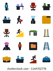 Color and black flat icon set - manager vector, desk, place, ladder, folder, career, cook, office chair, case