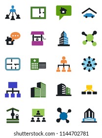 Color and black flat icon set - hierarchy vector, well, molecule, hospital, office building, garage, plan, home message