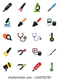 Color and black flat icon set - trowel vector, pruner, saw, stethoscope, blood pressure, thermometer, heart diagnostic, microscope, scalpel, microphone