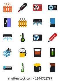 Color and black flat icon set - thermometer vector, heater, air conditioner, fridge, drink, beer, snowflake