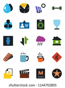 Color and black flat icon set - male vector, storm cloud, identity card, house, water drop, barbell, client, fragile, clapboard, speaker, clock, data exchange, coffee, sun panel, estate document