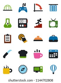 Color and black flat icon set - flight table vector, crisis graph, coffee, garden knife, greenhouse, gamepad, touch screen, stopwatch, calendar, compass, clipboard, career ladder, tv, cook hat, pc